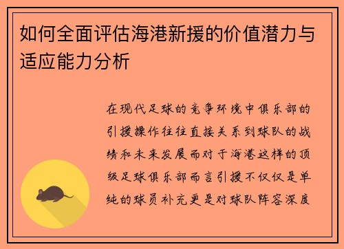 如何全面评估海港新援的价值潜力与适应能力分析